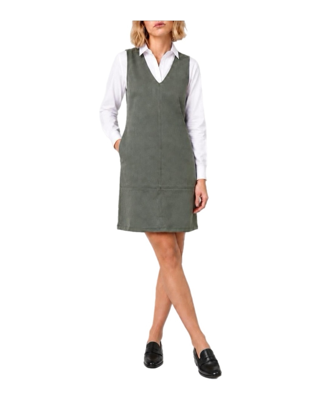 Peach Riverside Sage Green Faux Suede Shift Dress Pockets S